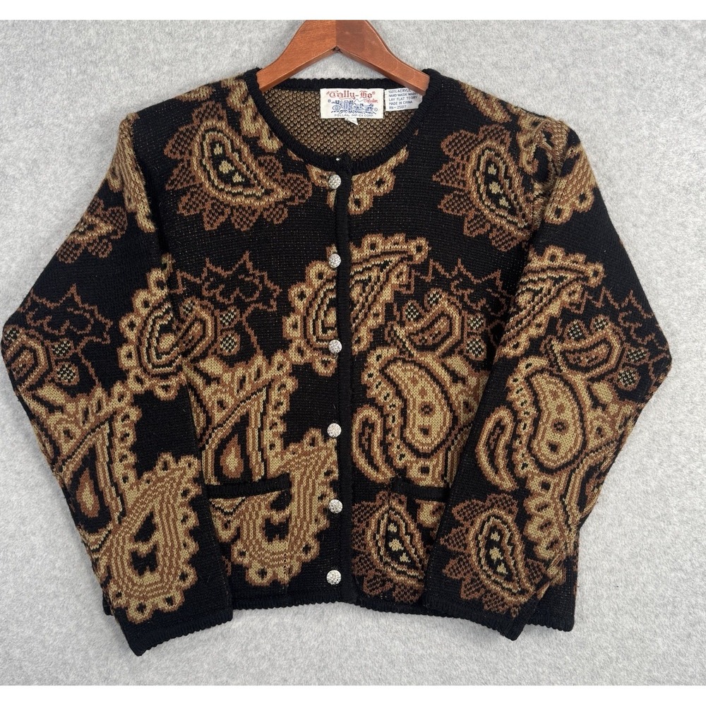 Tally Ho Paisley Knit Cardigan Sweater Womens M Vintage Nordic Boho 90s